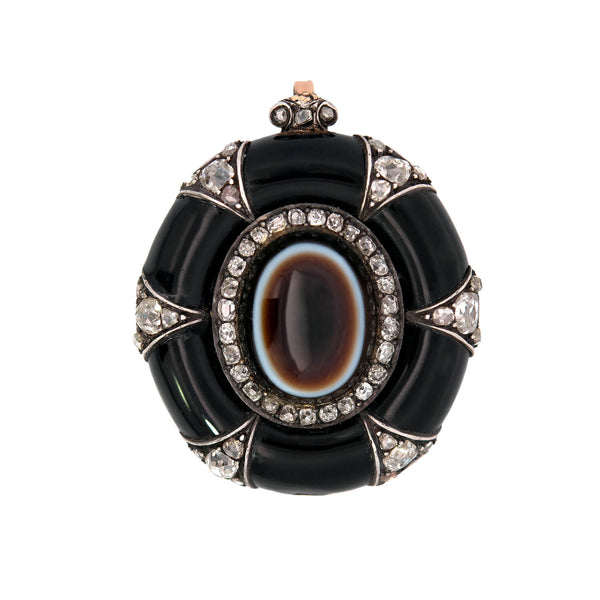 Victorian 14k Banded Agate, Rose Cut Diamond + Enamel Mourning Locket/Pendant