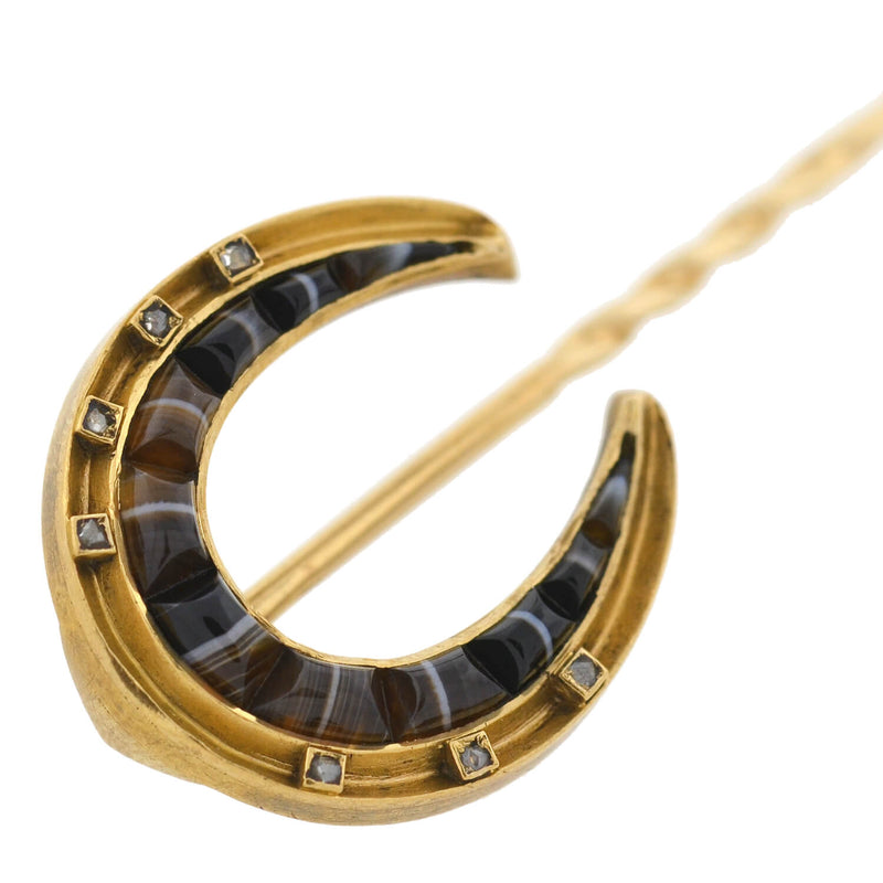 Victorian 18kt/14kt Banded Agate + Rose Cut Diamond Horseshoe Stick Pin