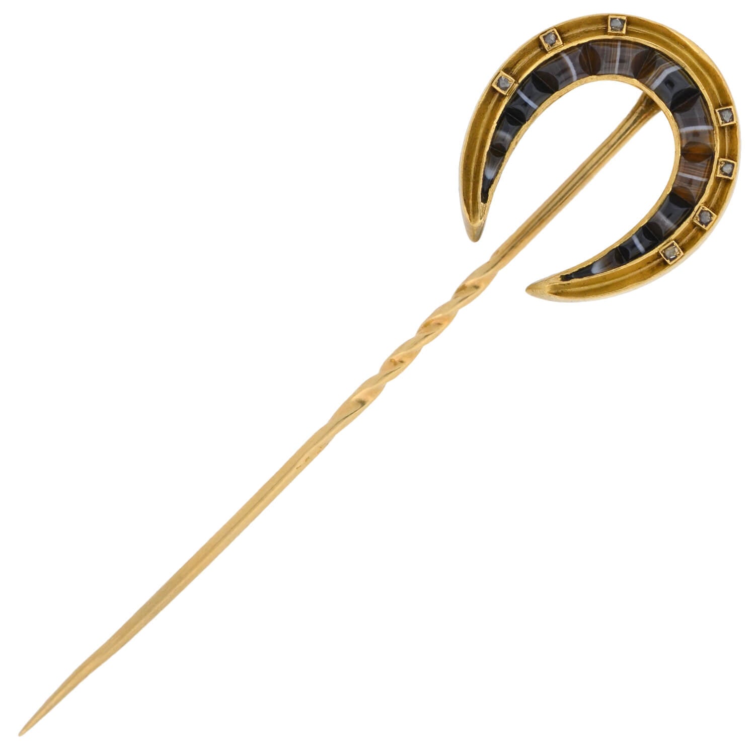 Victorian 18kt/14kt Banded Agate + Rose Cut Diamond Horseshoe Stick Pin