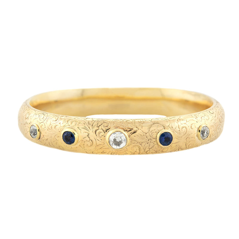 Art Nouveau 14kt 5-Stone Diamond + Sapphire Bangle Bracelet
