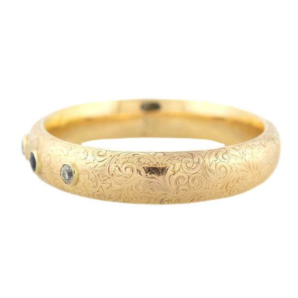 Art Nouveau 14kt 5-Stone Diamond + Sapphire Bangle Bracelet