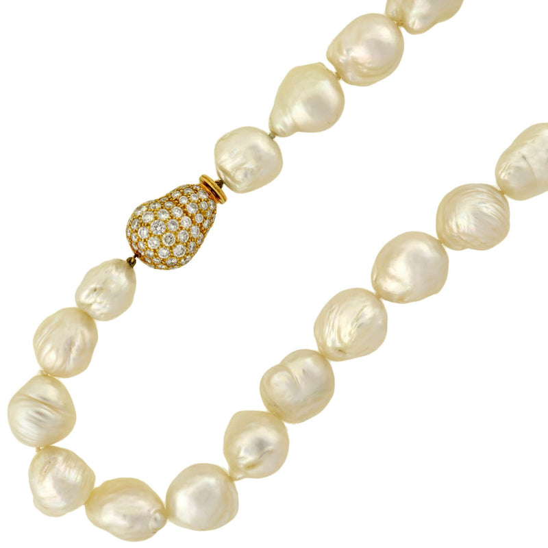 Estate 18kt Baroque Pearl Necklace w/ Diamond Clasp 12mm-17mm