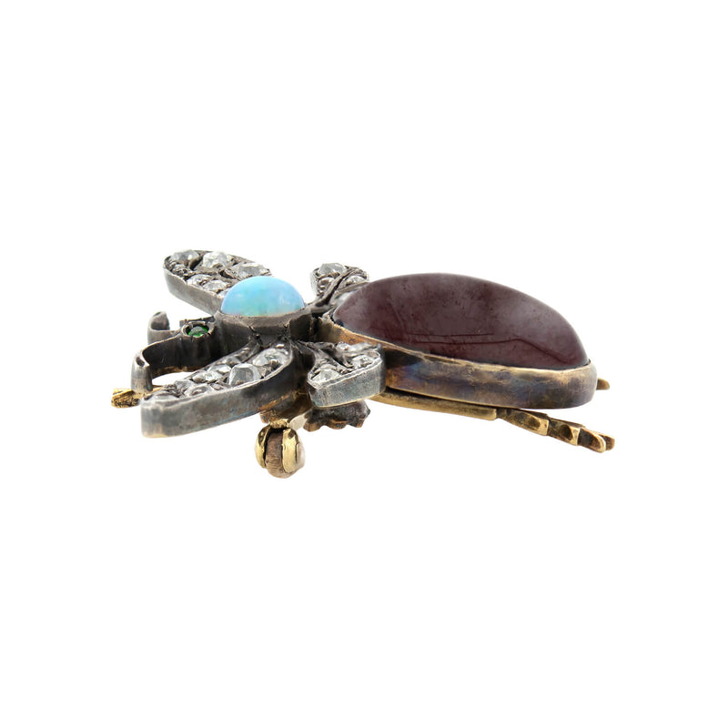 Victorian 14k + Sterling Diamond, Opal, & Garnet Bug Pin