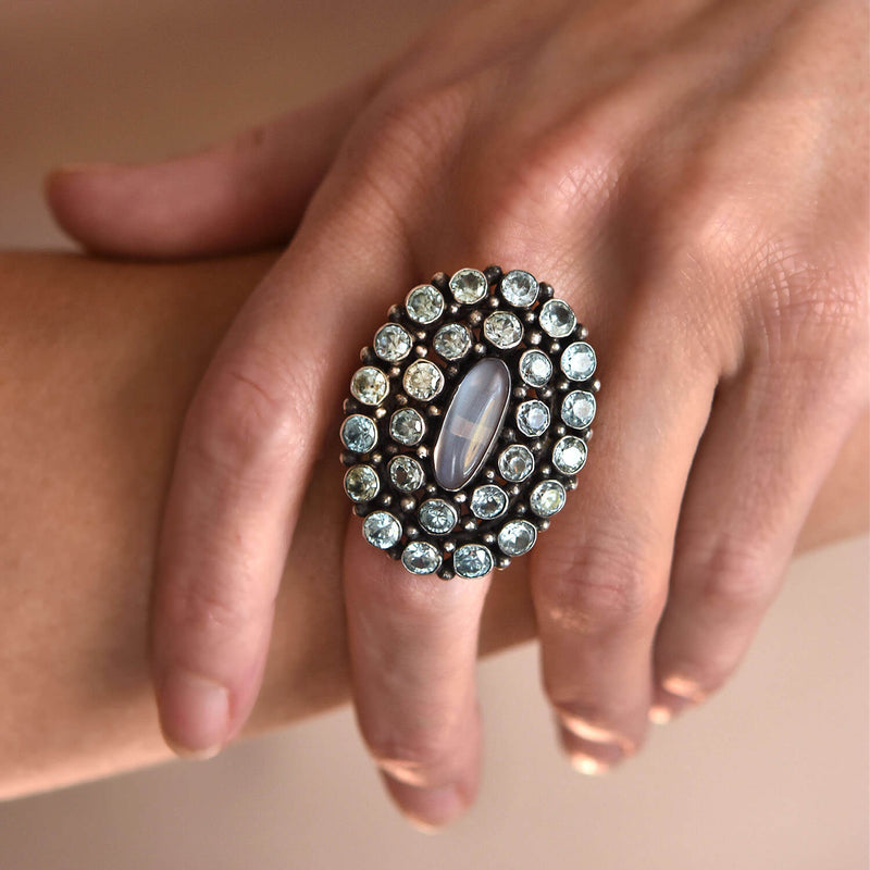 Early Retro Large Sterling Blue Zircon + Moonstone Cluster Ring