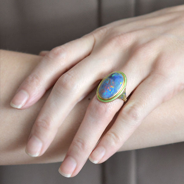 Art Nouveau 14kt “Lightning Ridge” Black Opal & Enamel Ring