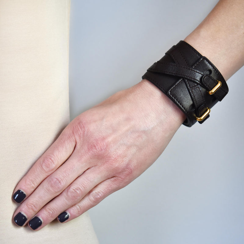 HERMÈS Estate Gold-Tone Wide Brown Leather Wrap Bracelet