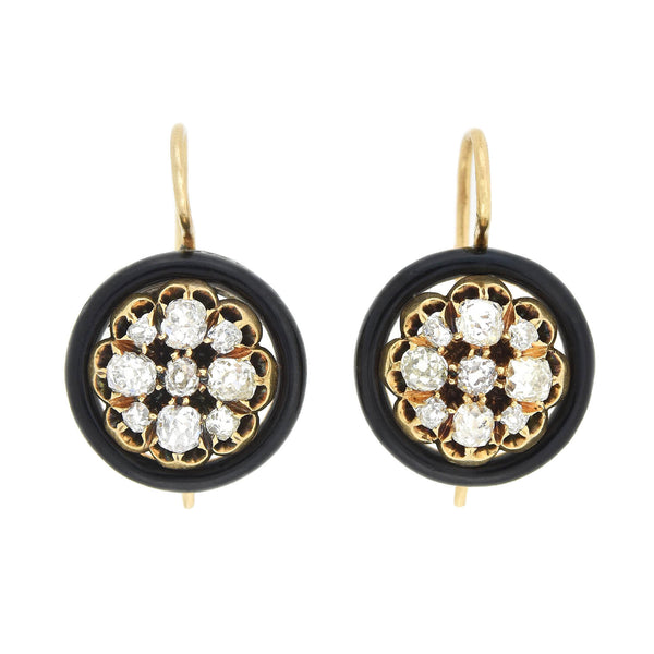 Victorian 14kt Black Enamel + Diamond Cluster Earrings 1.30ctw