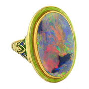Art Nouveau 14kt “Lightning Ridge” Black Opal & Enamel Ring