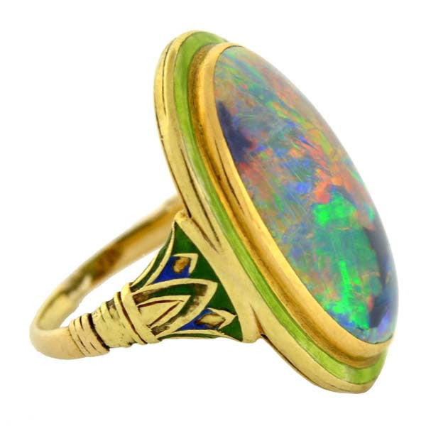 Art Nouveau 14kt “Lightning Ridge” Black Opal & Enamel Ring