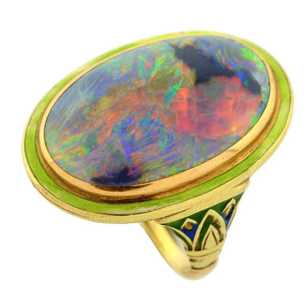 Art Nouveau 14kt “Lightning Ridge” Black Opal & Enamel Ring