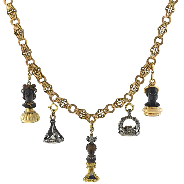Rare Victorian + Georgian Blackamoor + Multi-Gemstone Fob Compilation Necklace 20.25"