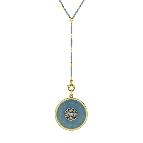 Edwardian 14kt Blue Guilloché Enamel Locket & Chain