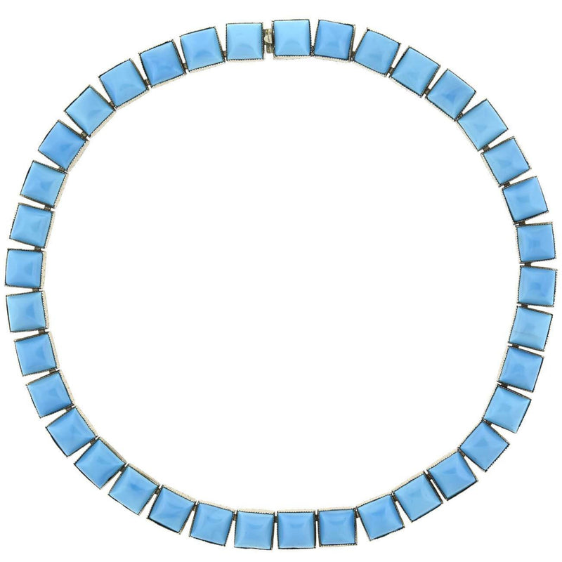 Art Deco Sterling Silver + Blue Glass Link Necklace