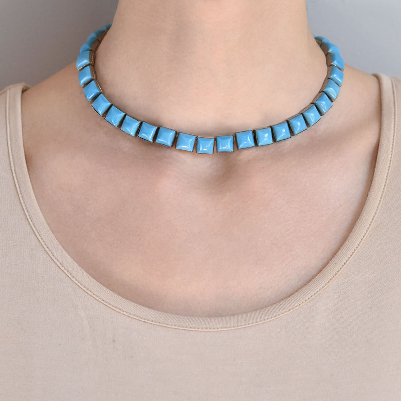 Art Deco Sterling Silver + Blue Glass Link Necklace