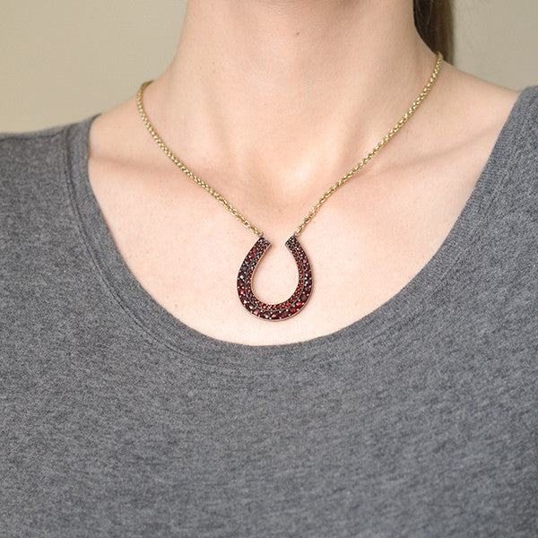 Victorian Gold Filled Bohemian Garnet Horseshoe Necklace