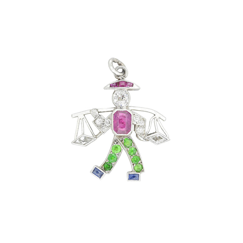 Art Deco Platinum Diamond Emerald Ruby + Sapphire Water Carrier Pendant