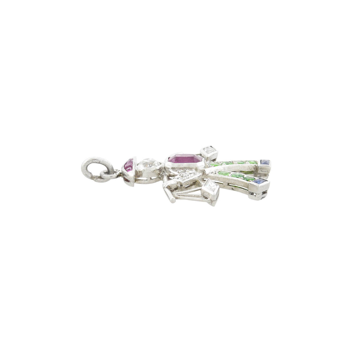 Art Deco Platinum Diamond Emerald Ruby + Sapphire Water Carrier Pendant