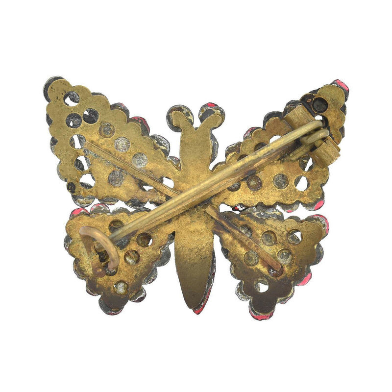 Early Victorian Brass Red Vauxhall Glass Butterfly Pin