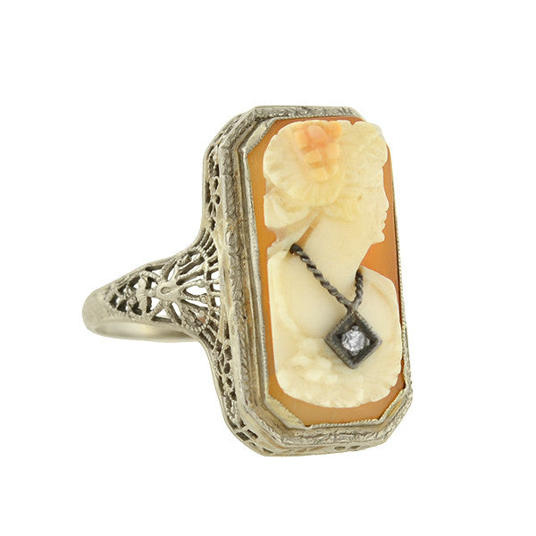 Art Deco 14kt Diamond Carved Cameo Ring