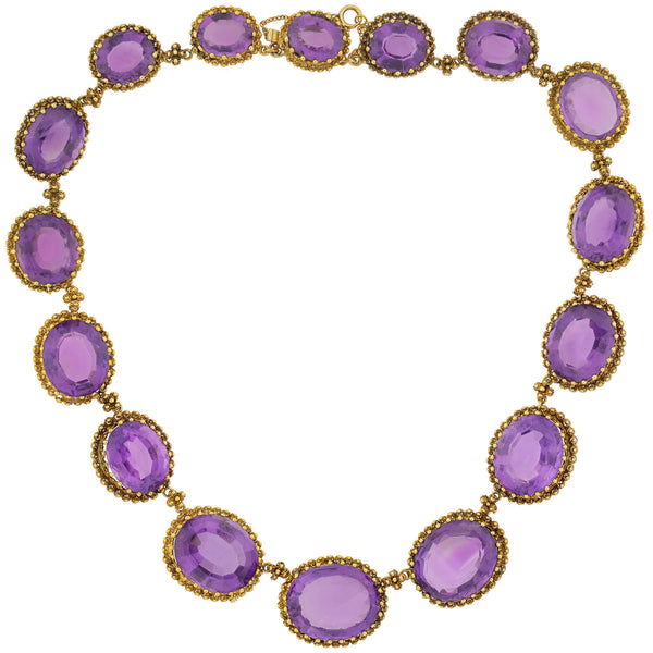 Victorian Large 15kt Faceted Amethyst + Cannetille Wirework Link Necklace 14.5"