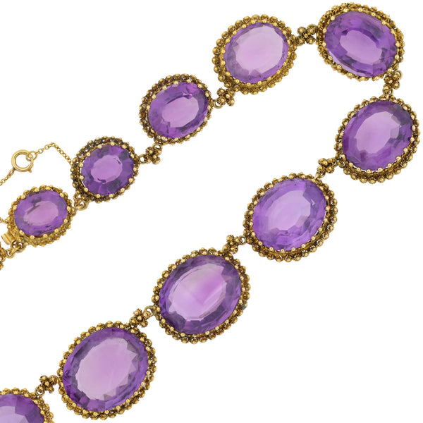 Victorian Large 15kt Faceted Amethyst + Cannetille Wirework Link Necklace 14.5"