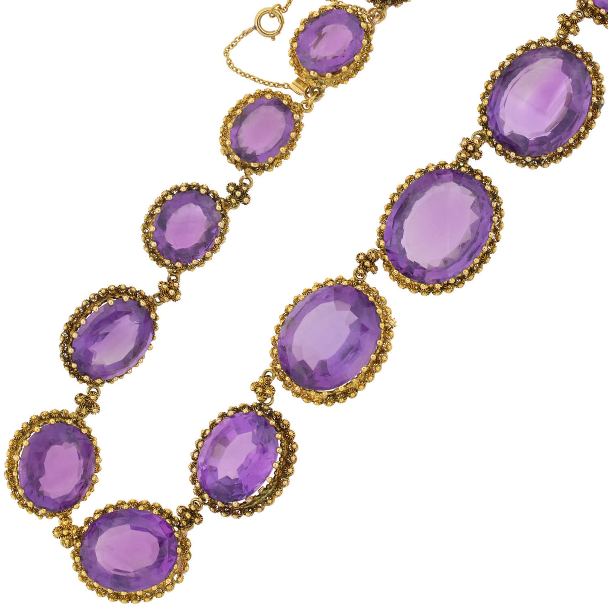 Victorian Large 15kt Faceted Amethyst + Cannetille Wirework Link Necklace 14.5"