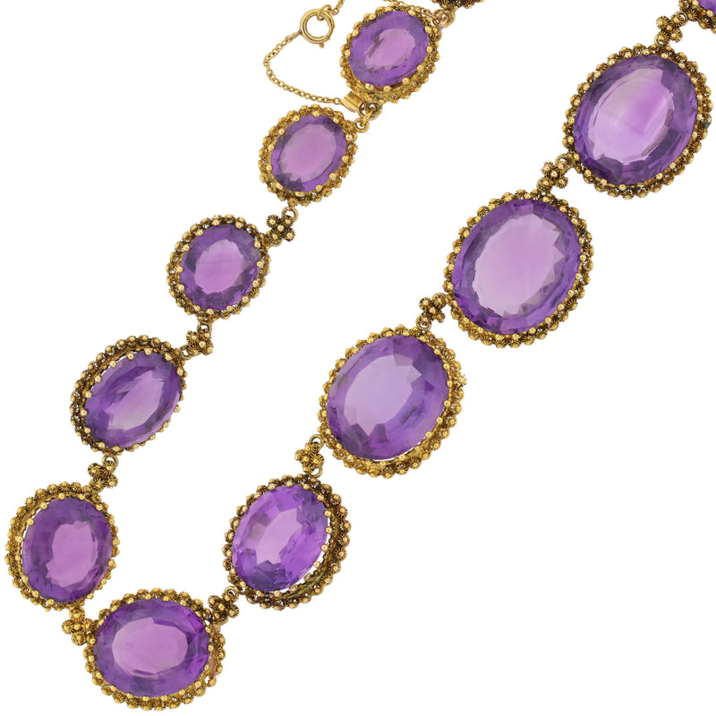 Victorian Large 15kt Faceted Amethyst + Cannetille Wirework Link Necklace 14.5"
