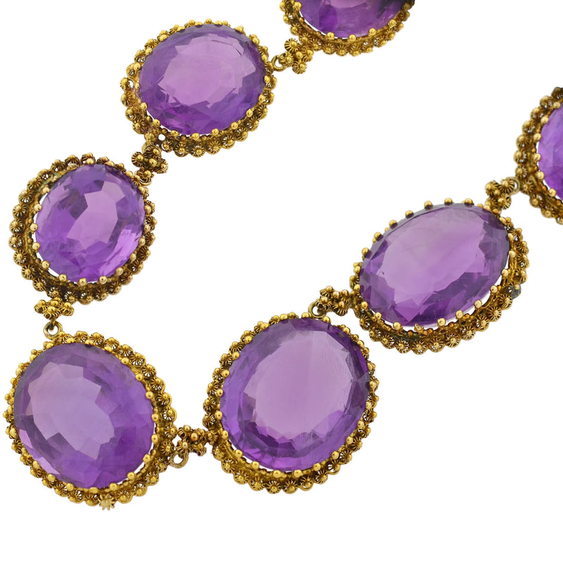 Victorian Large 15kt Faceted Amethyst + Cannetille Wirework Link Necklace 14.5"