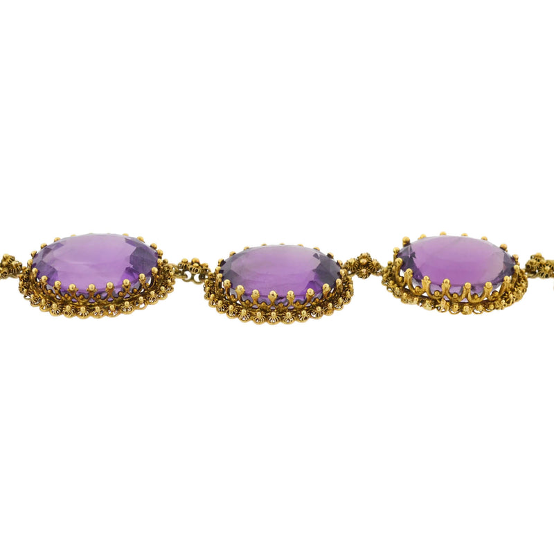 Victorian Large 15kt Faceted Amethyst + Cannetille Wirework Link Necklace 14.5"