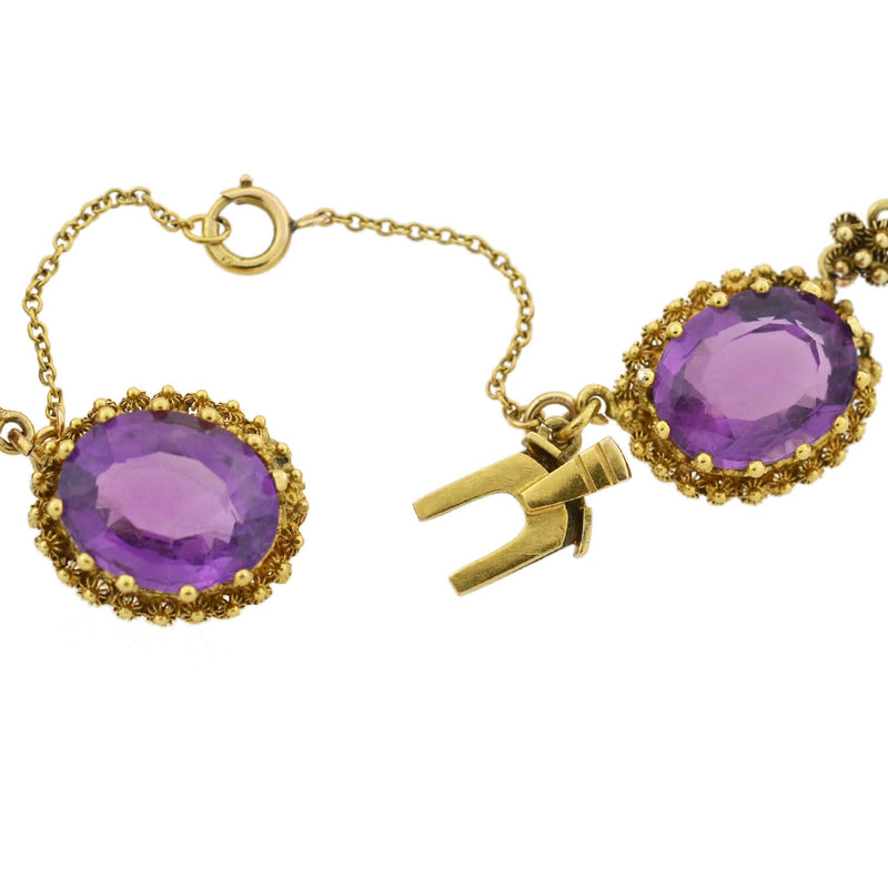 Victorian Large 15kt Faceted Amethyst + Cannetille Wirework Link Necklace 14.5"