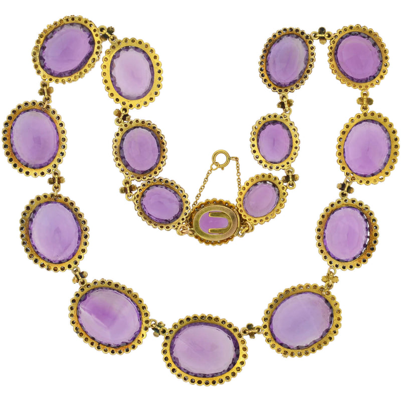 Victorian Large 15kt Faceted Amethyst + Cannetille Wirework Link Necklace 14.5"