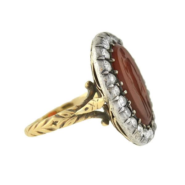 Victorian 14kt/Silver Carnelian Intaglio & Diamond Ring