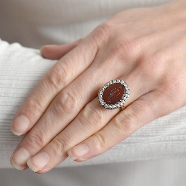 Victorian 14kt/Silver Carnelian Intaglio & Diamond Ring