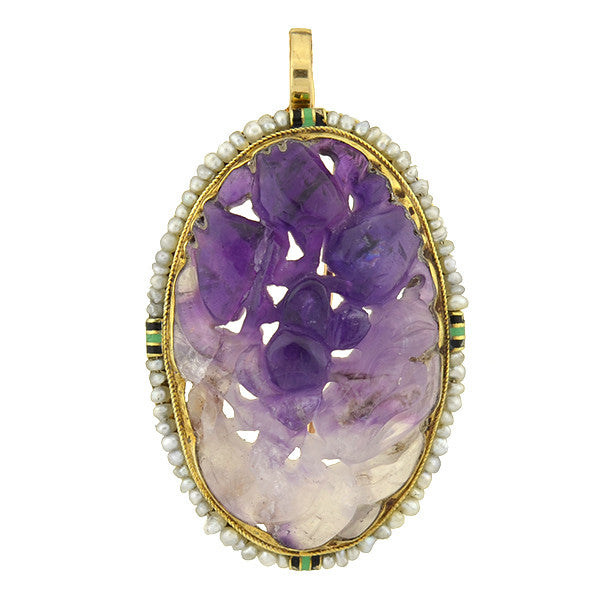 Art Deco 14kt Carved Amethyst, Pearl & Enamel Pin/Pendant