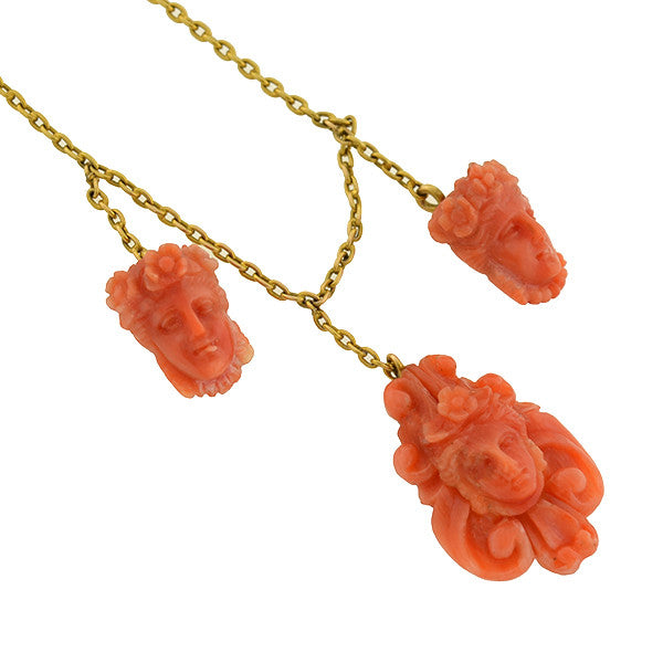 Victorian 14kt Natural Coral Carved Cameo Necklace