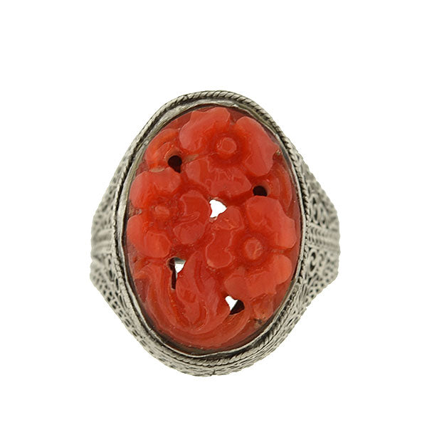 Art Deco Chinese Silver & Floral Carved Coral Filigree Ring