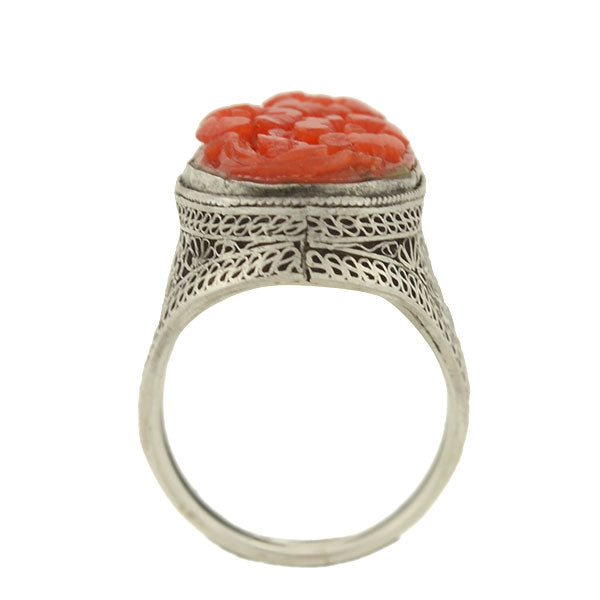 Art Deco Chinese Silver & Floral Carved Coral Filigree Ring