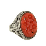 Art Deco Chinese Silver & Floral Carved Coral Filigree Ring