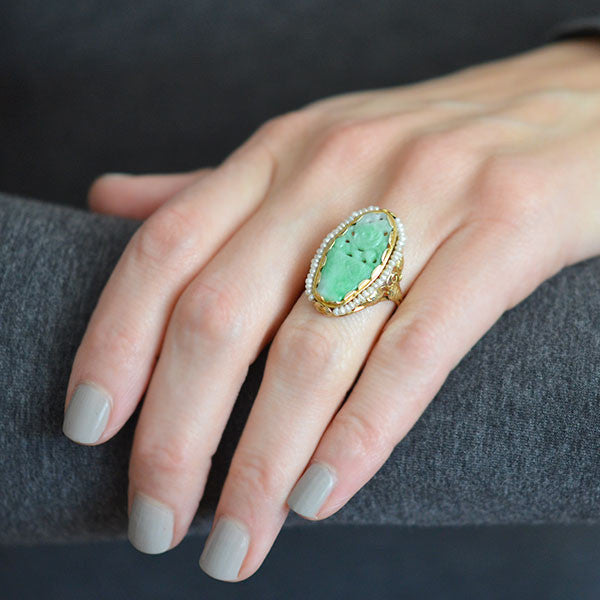 Art Deco Carved Jade & Seed Pearl Filigree Ring