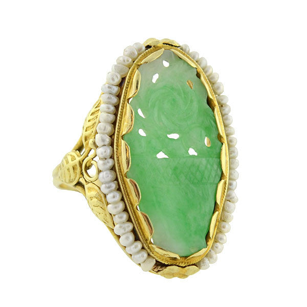 Art Deco Carved Jade & Seed Pearl Filigree Ring