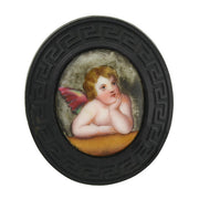 Victorian Carved Jet Painted Porcelain Cherub Pin