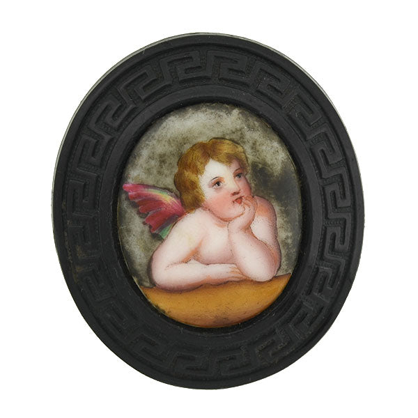 Victorian Carved Jet Painted Porcelain Cherub Pin