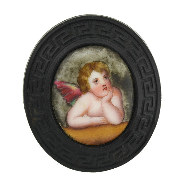 Victorian Carved Jet Painted Porcelain Cherub Pin