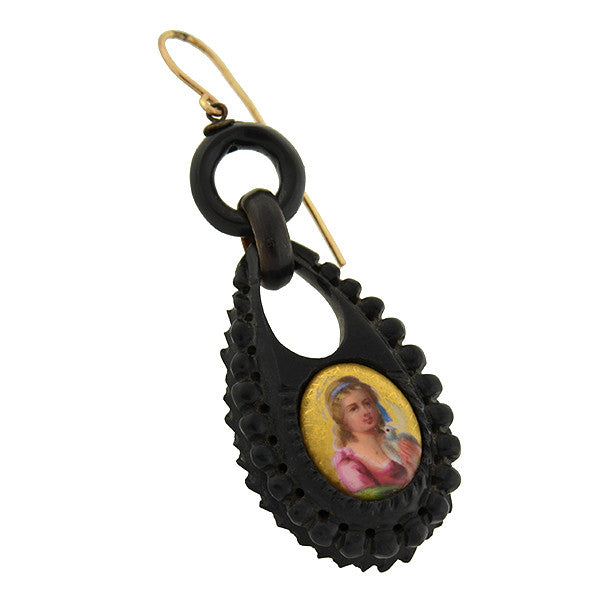 Victorian Carved Jet & Painted Portrait Earrings