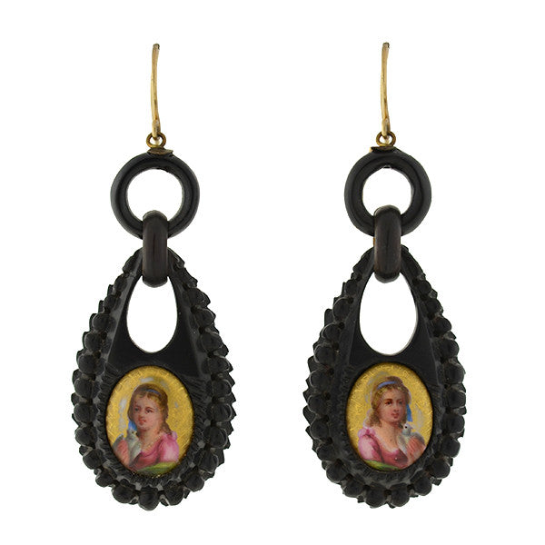 Victorian Carved Jet & Painted Portrait Earrings