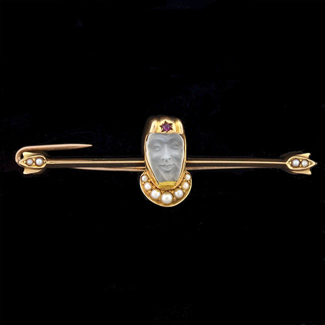 Knight Pin Victorian 14kt Carved Moonstone & Pearl Medieval Knight Pin