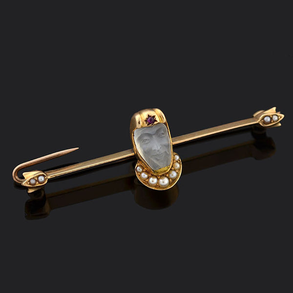 Knight Pin Victorian 14kt Carved Moonstone & Pearl Medieval Knight Pin