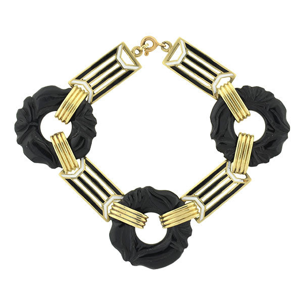 Art Deco 14kt Carved Onyx & Enamel Link Bracelet