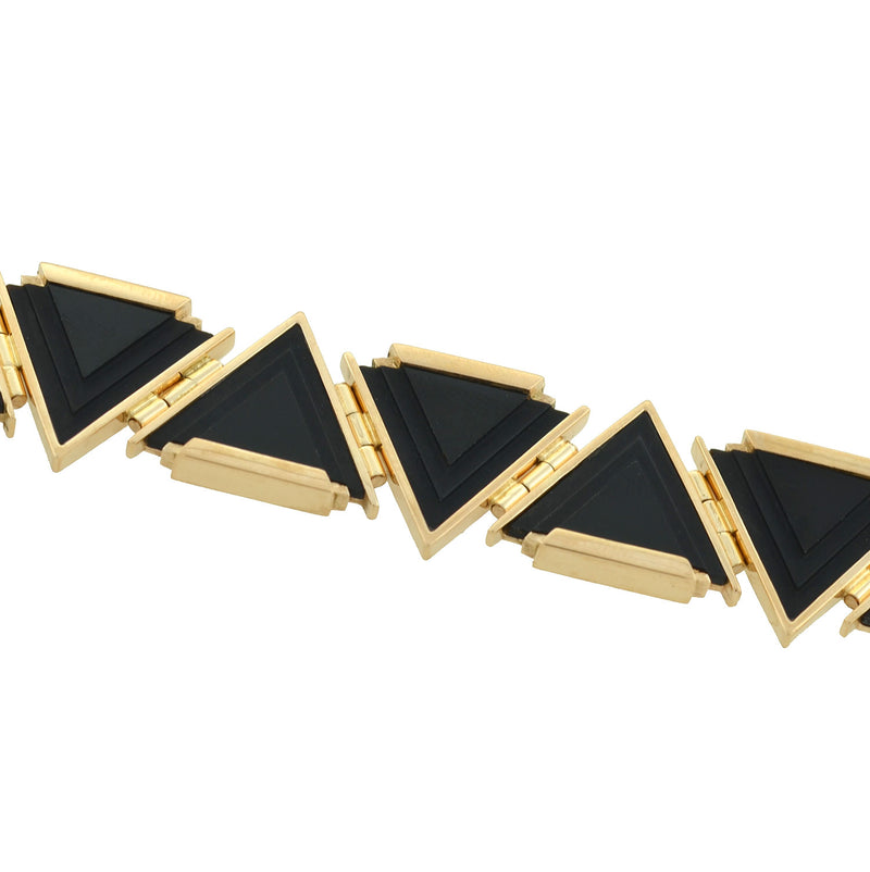 Late Art Deco 14kt Gold Triangular Onyx Link Bracelet