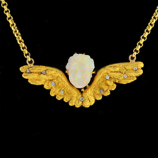Victorian 18kt Carved Opal & Diamond Winged Cherub Necklace